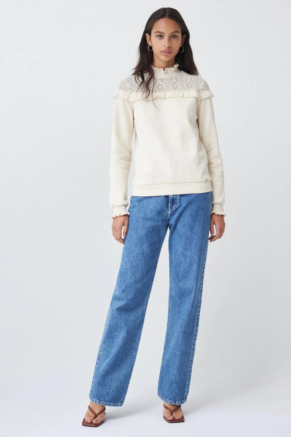 White Sweatshirt With Lace Detail, Women, , large image number 2