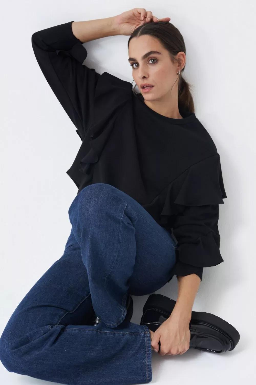 Black Ruffled Sweatshirt, , large image number 0
