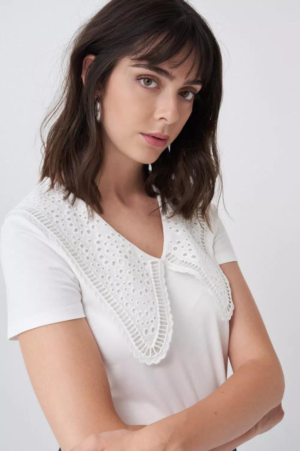 Beige Lace Collar T-Shirt, , large image number 4