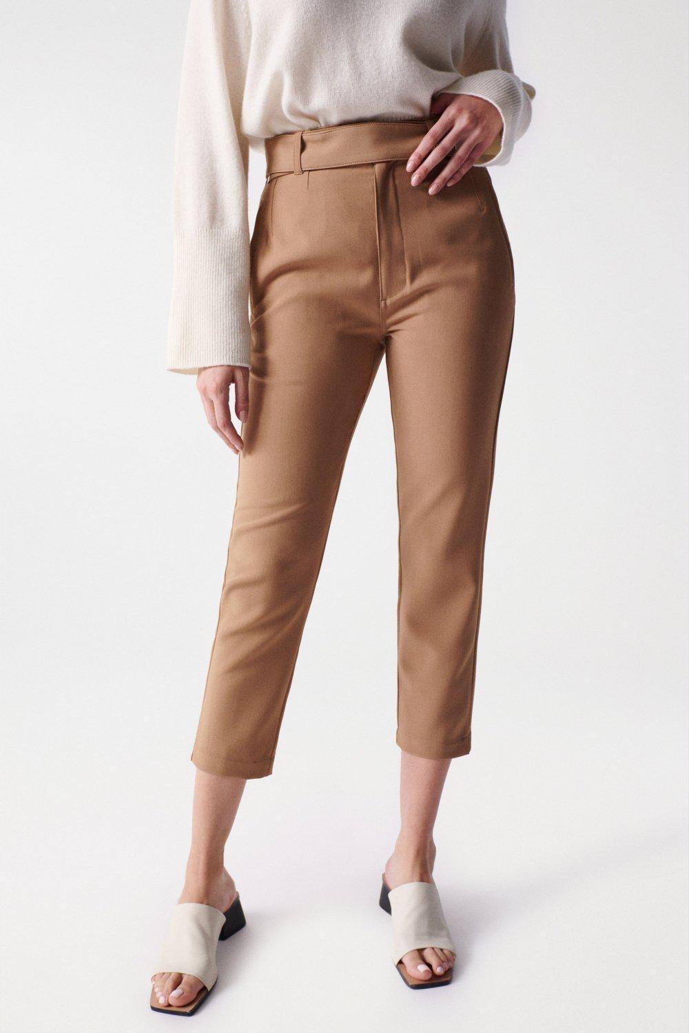 Cropped Slim Pants With High Waist, Brown, large image number 0