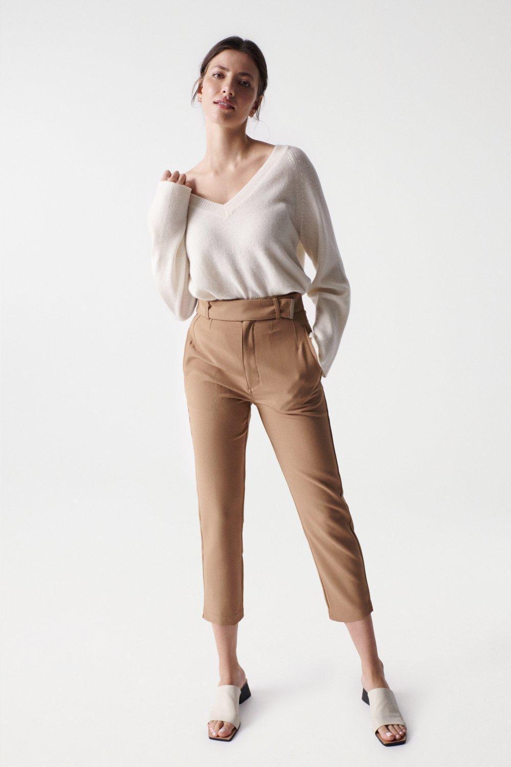 Cropped Slim Pants With High Waist, Brown, large image number 1