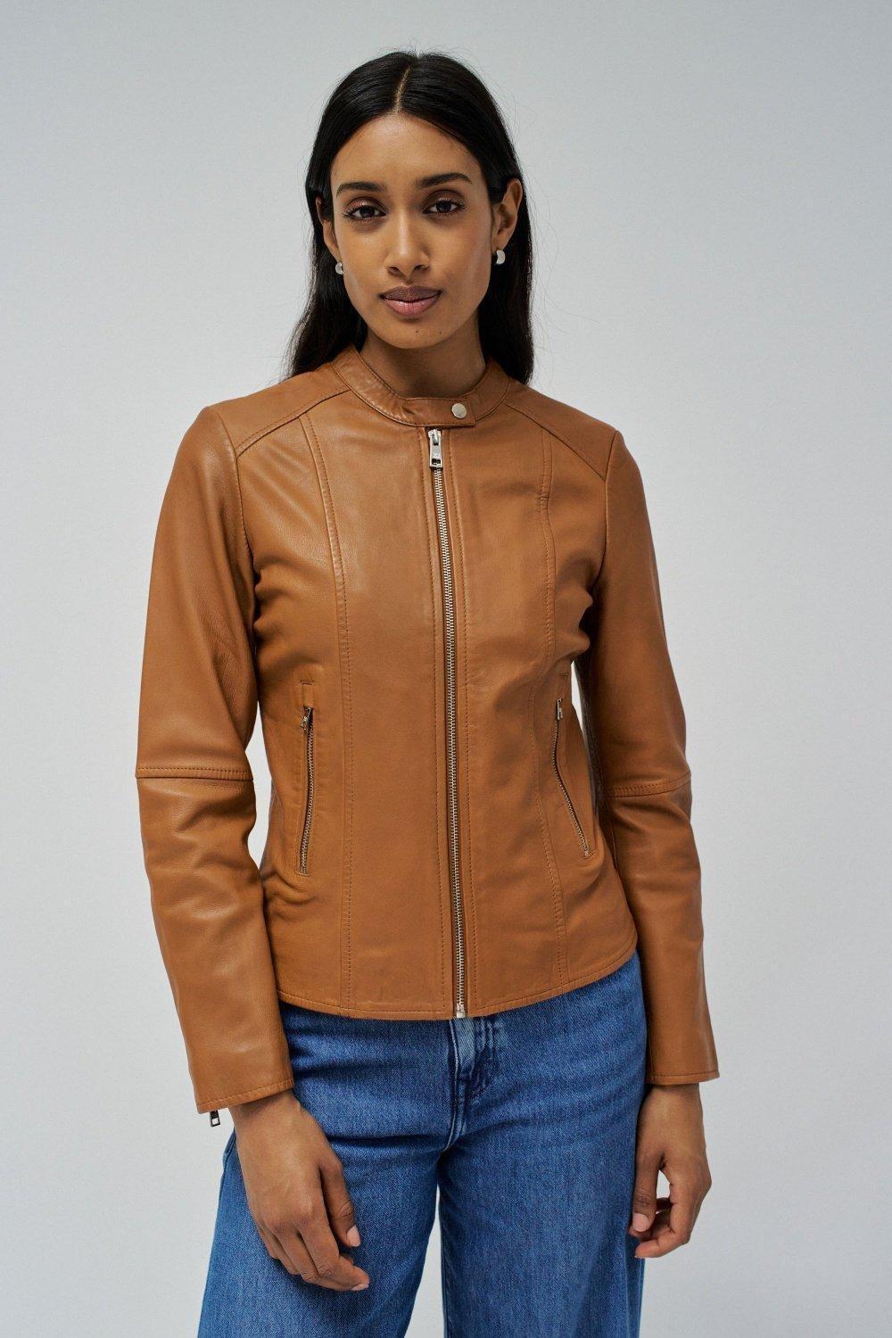 Plain Biker Jacket , Brown, medium