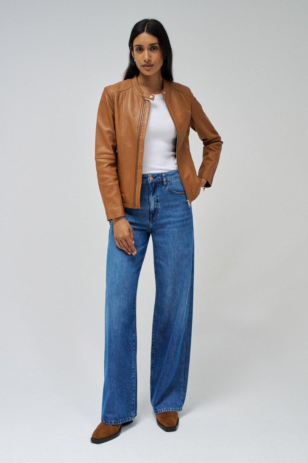 Plain Biker Jacket , Brown, medium