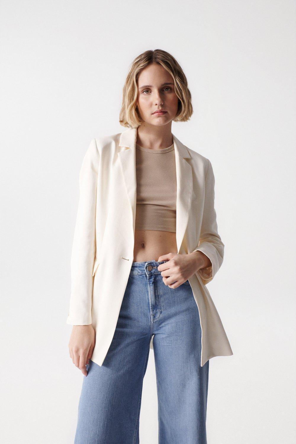 Beige Plain Blazer, , large image number 0