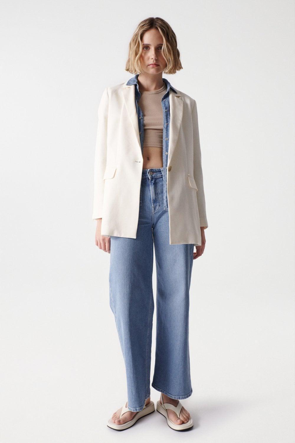 Beige Plain Blazer, , large image number 1