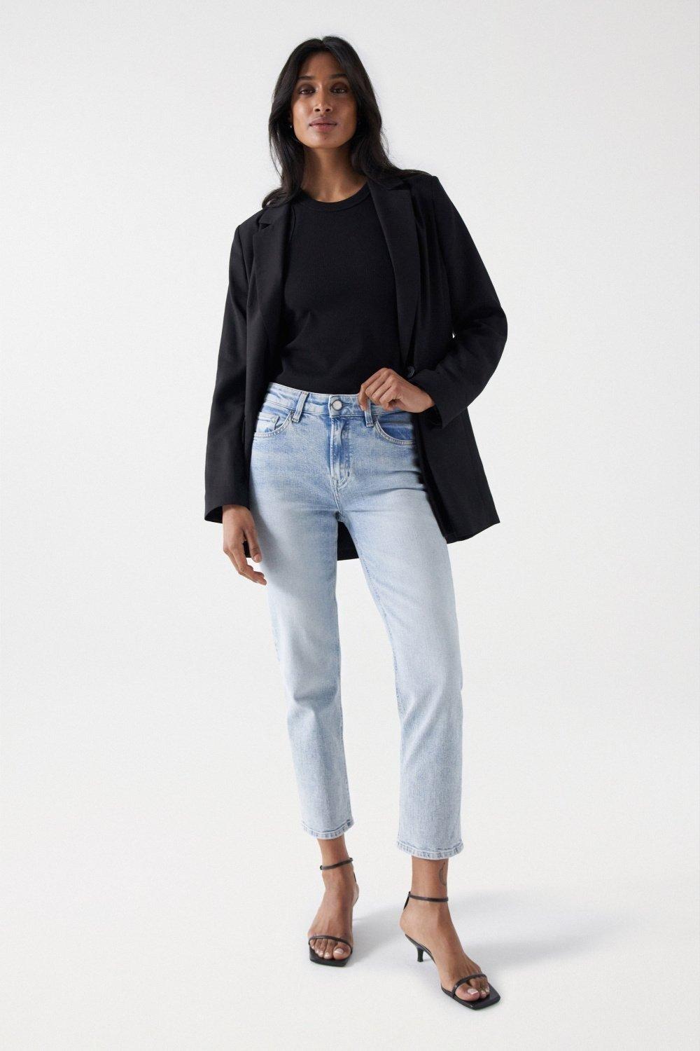 Denim Straight Leg Cropped , Blue, medium