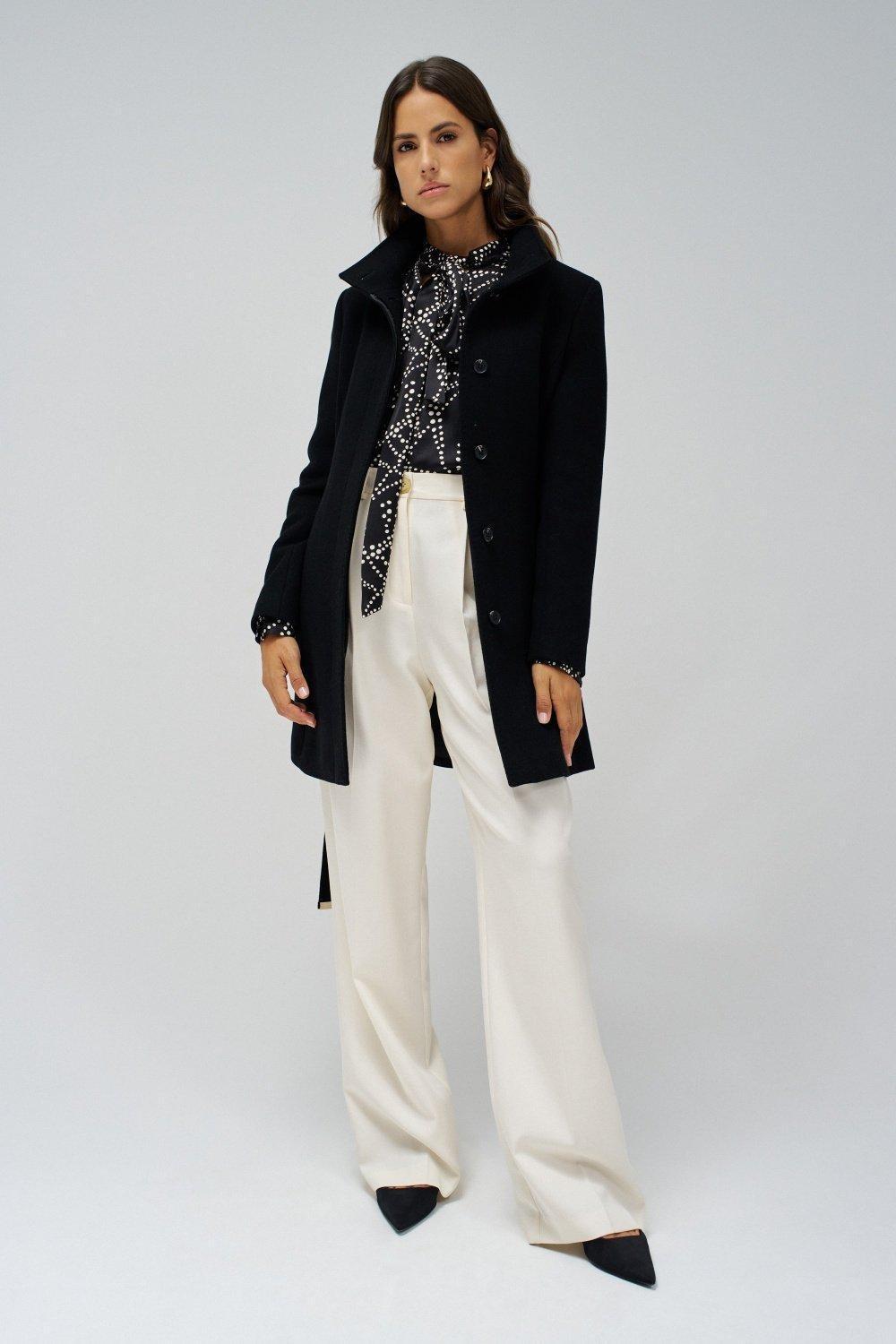 Black Woollen Coat With Belt, No Colour, large image number 0