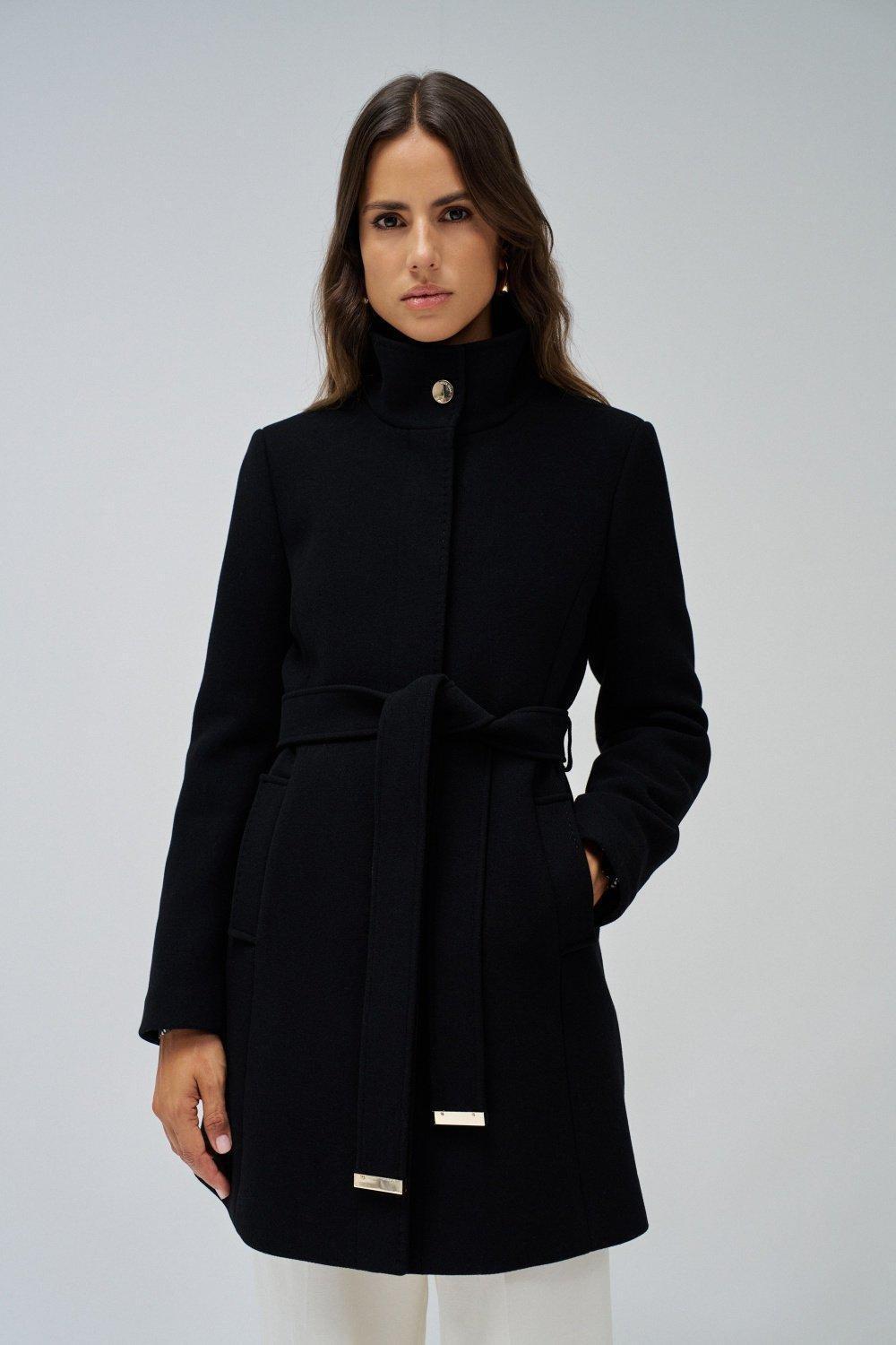 Black Woollen Coat With Belt, No Colour, large image number 1