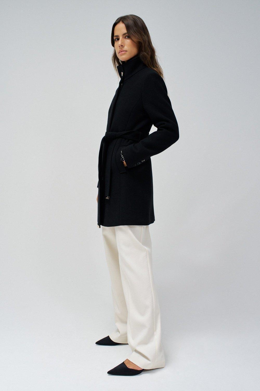 Black Woollen Coat With Belt, No Colour, large image number 2