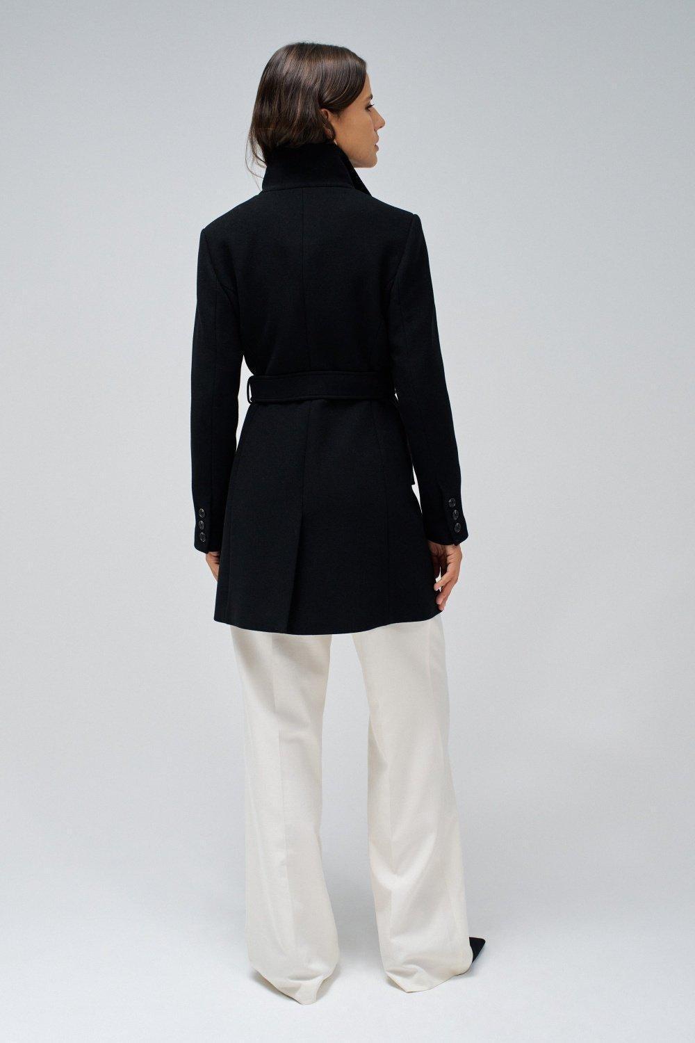 Black Woollen Coat With Belt, No Colour, large image number 3