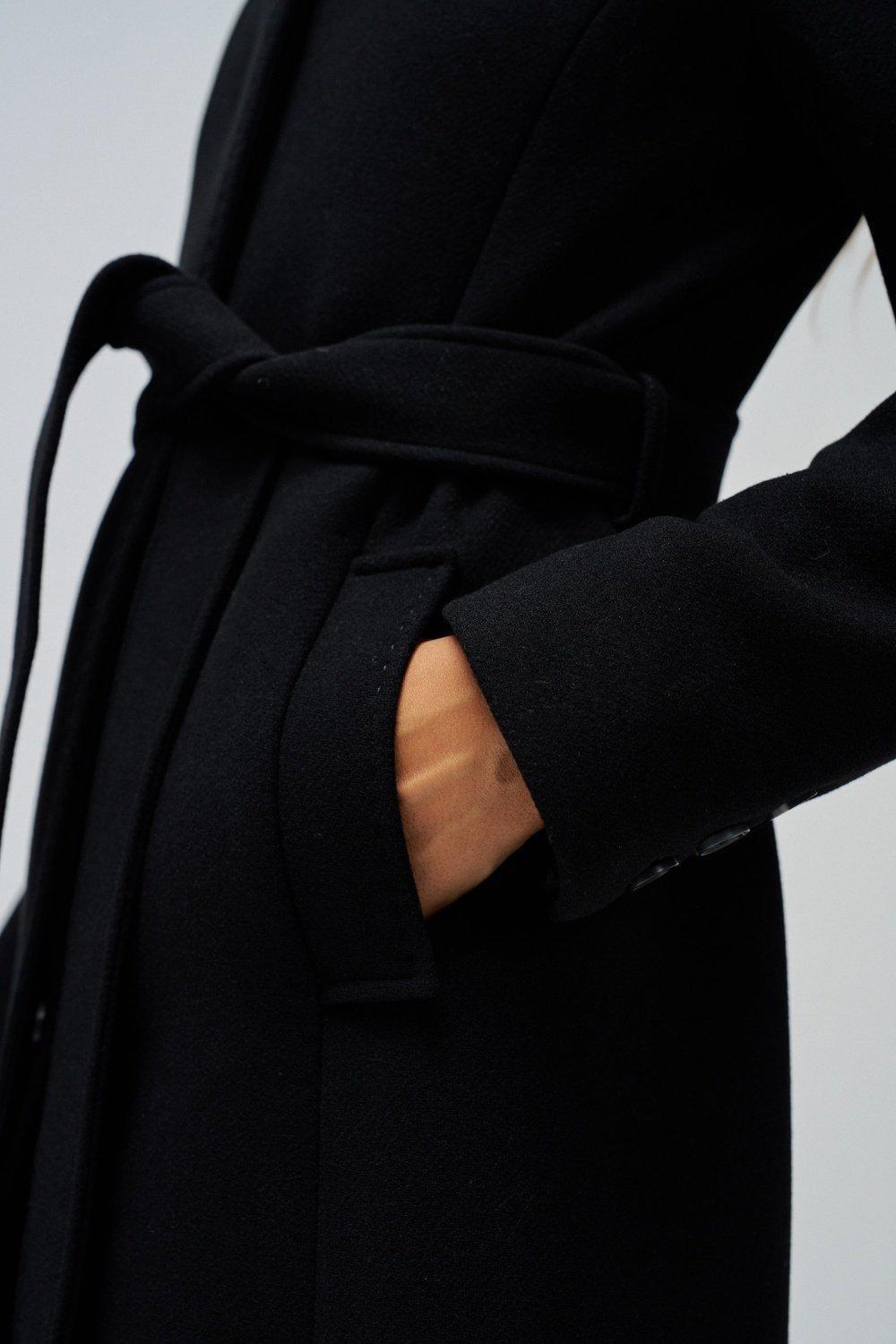 Black Woollen Coat With Belt, No Colour, large image number 4