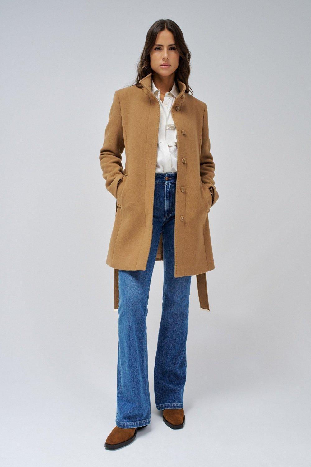 Beige Woollen Coat With Belt, , medium