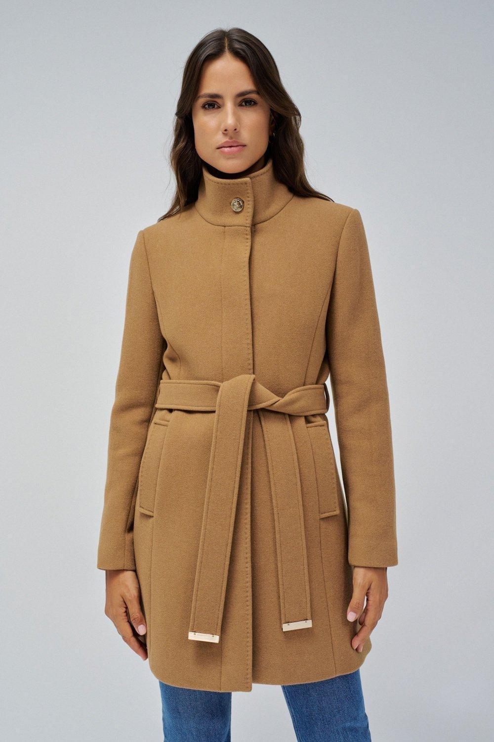 Beige Woollen Coat With Belt, , large image number 1