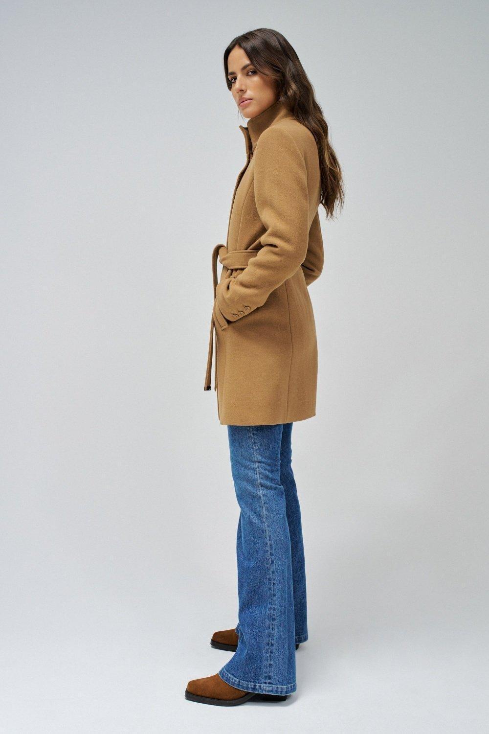 Beige Woollen Coat With Belt, , large image number 2