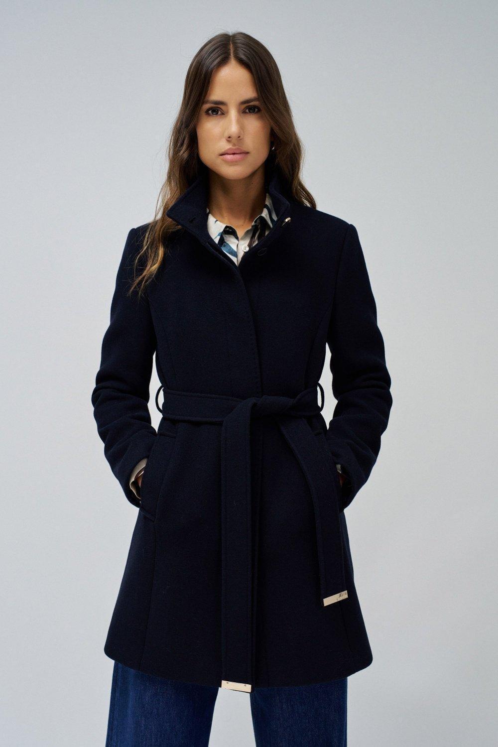 Navy Grace Woollen Belted Coat, , large image number 0