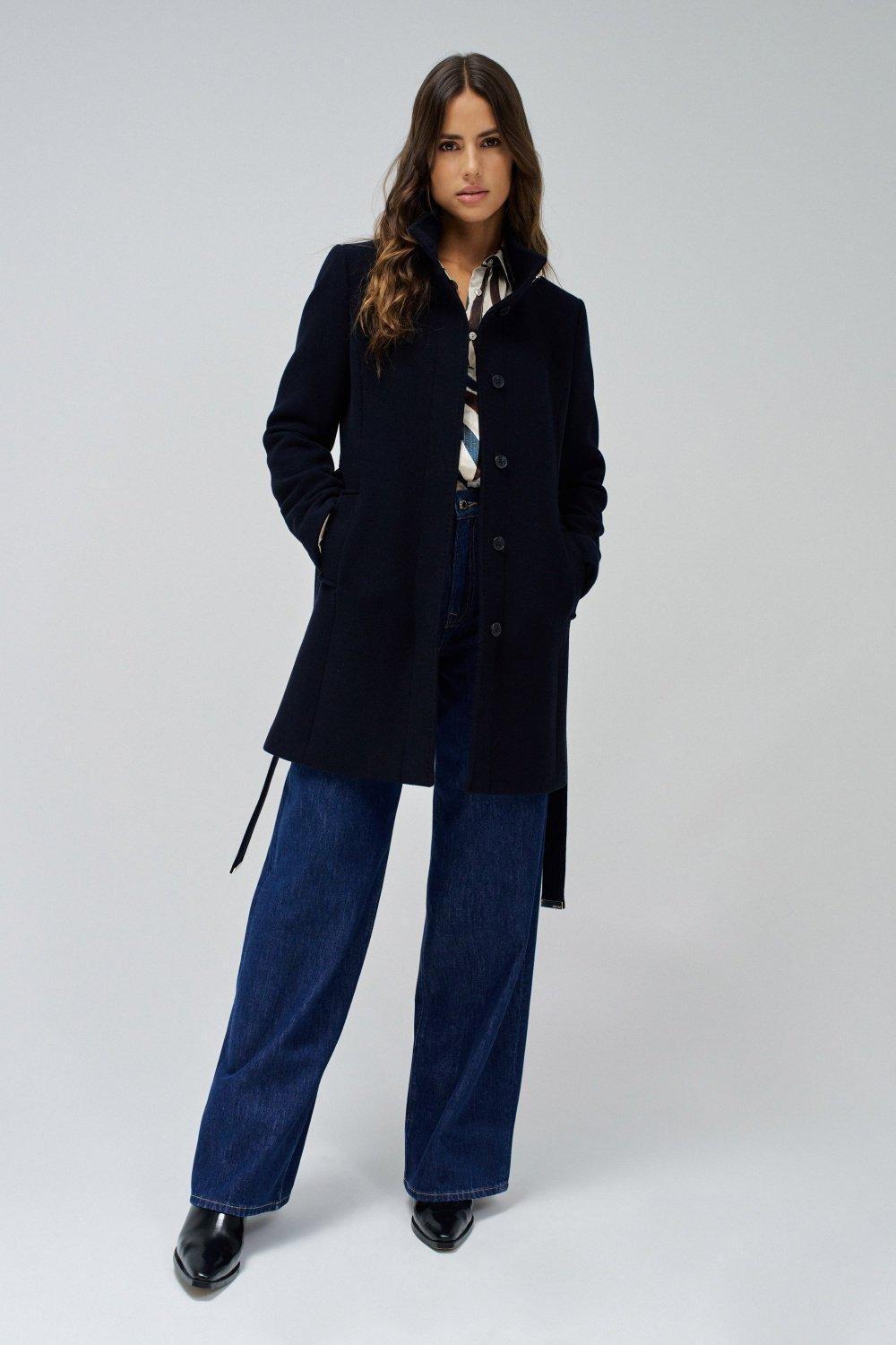 Navy Grace Woollen Belted Coat, , large image number 1