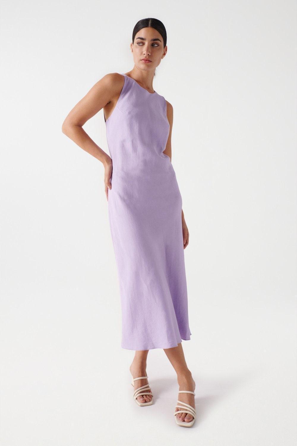 Blue Open Back Linen Dress, , large image number 0