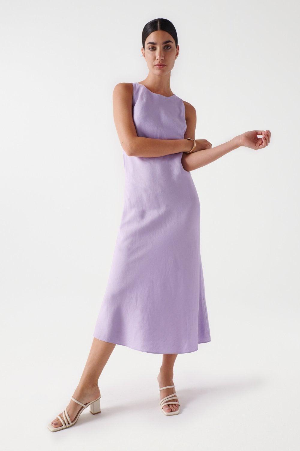 Blue Open Back Linen Dress, , large image number 1