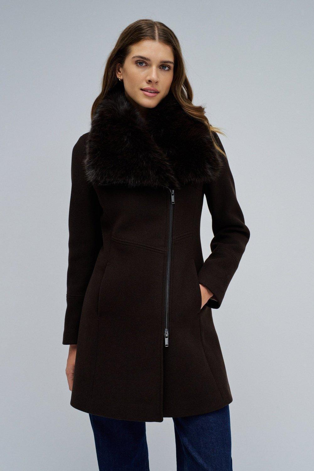 Grace Woollen Coat With Fur, Brown, large image number 0