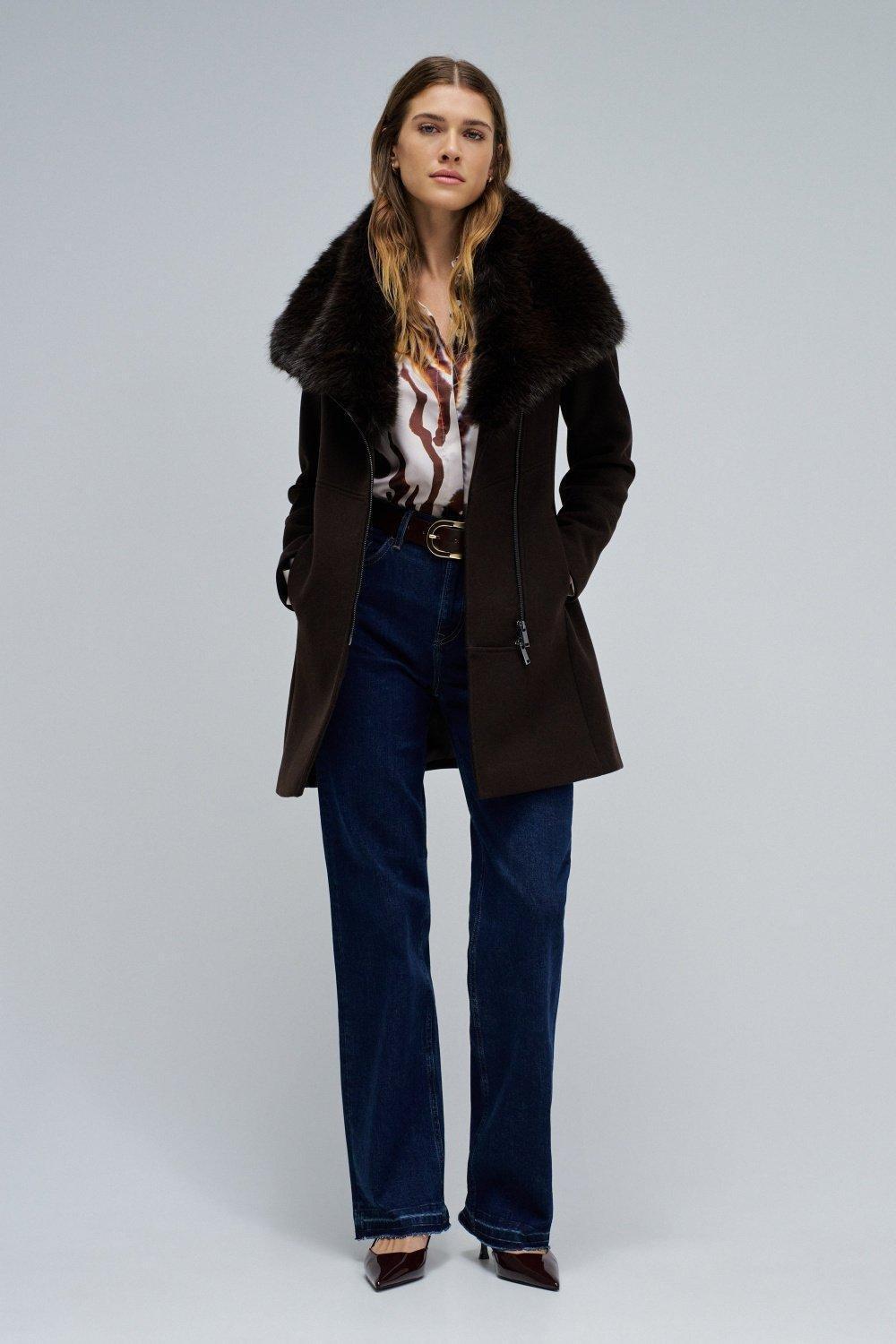 Grace Woollen Coat With Fur, Brown, medium