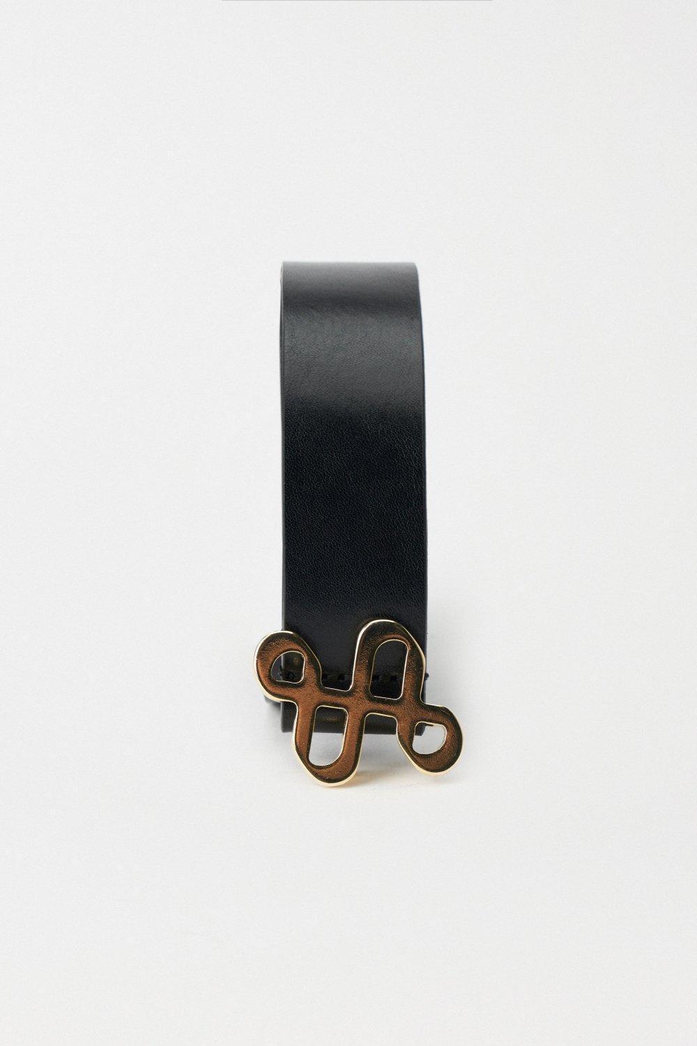 Black Leather Belt With Gold Branding Buckle, , large image number 3