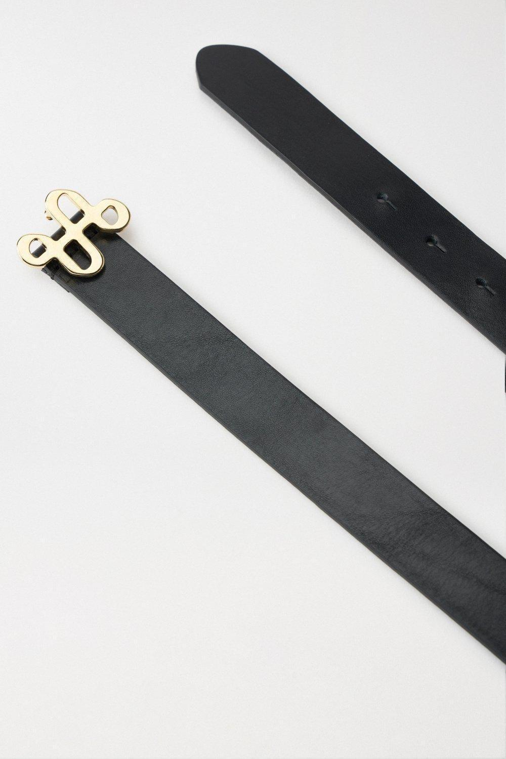 Black Leather Belt With Gold Branding Buckle, , large image number 4