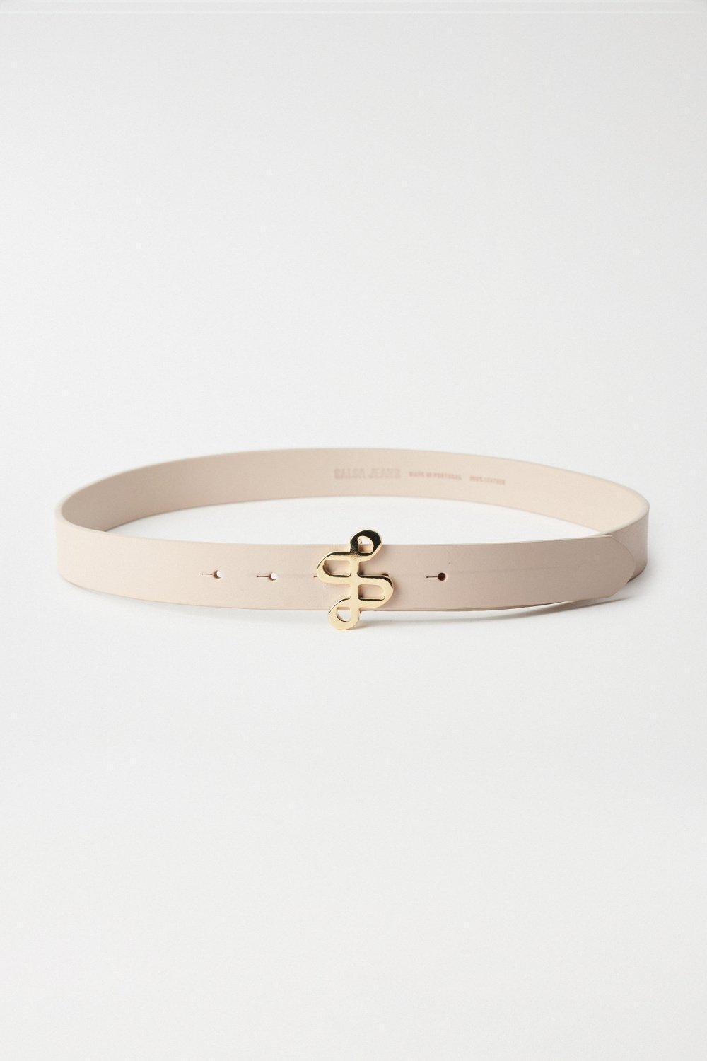 Cream Gold Branding Buckle Leather Belt, , large image number 0