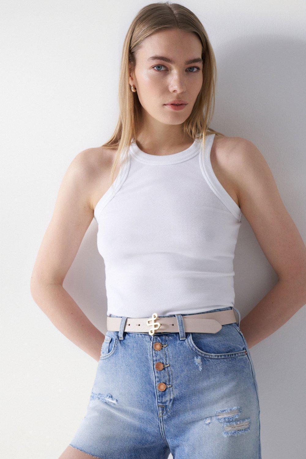 Cream Gold Branding Buckle Leather Belt, , large image number 1