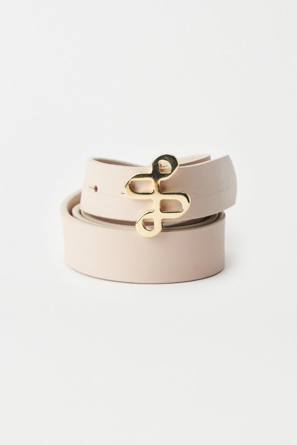 Cream Gold Branding Buckle Leather Belt, , large image number 2