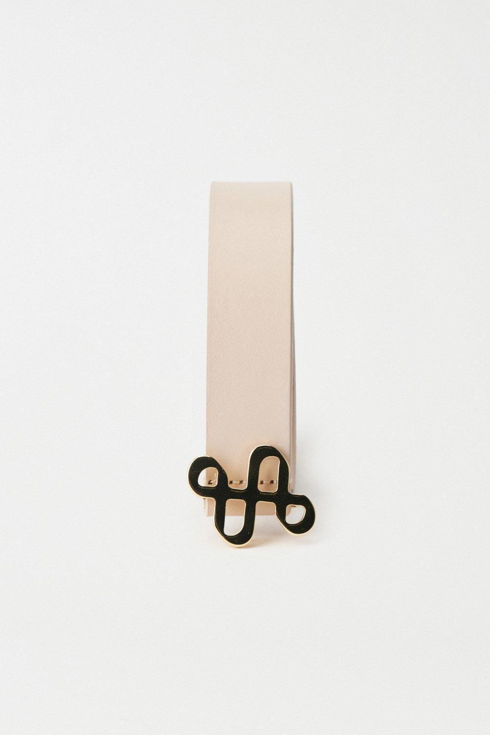 Cream Gold Branding Buckle Leather Belt, , large image number 3