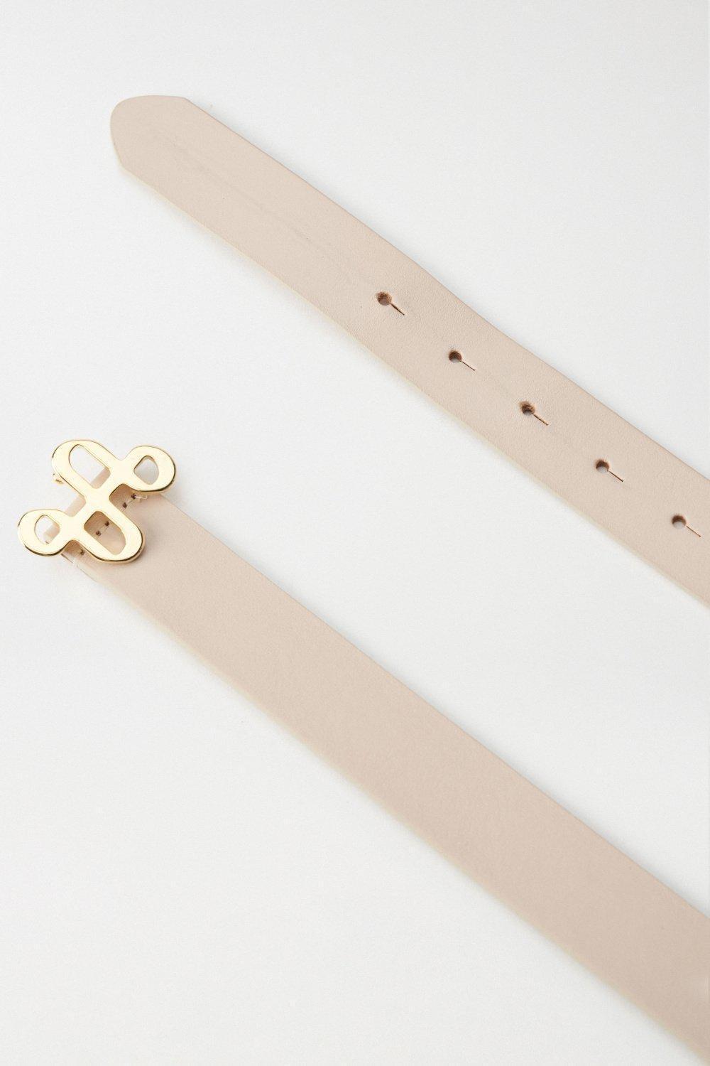 Cream Gold Branding Buckle Leather Belt, , large image number 4
