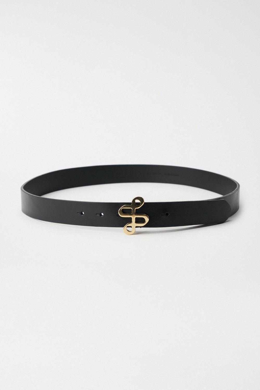 Leather Belt With Gold Branding On The Buckle, Black, medium