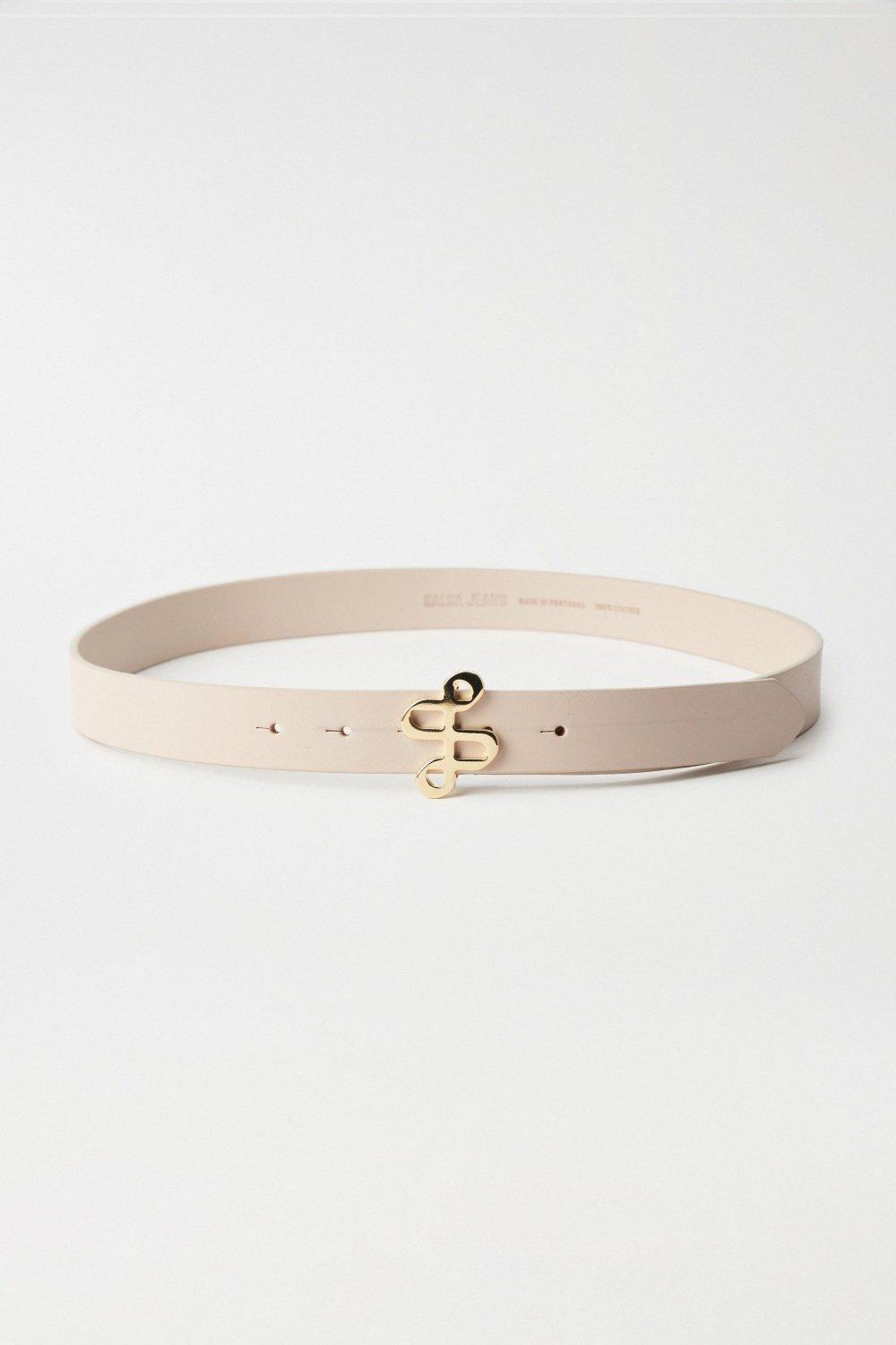 Leather Belt With Gold Branding On The Buckle, Pearl, medium