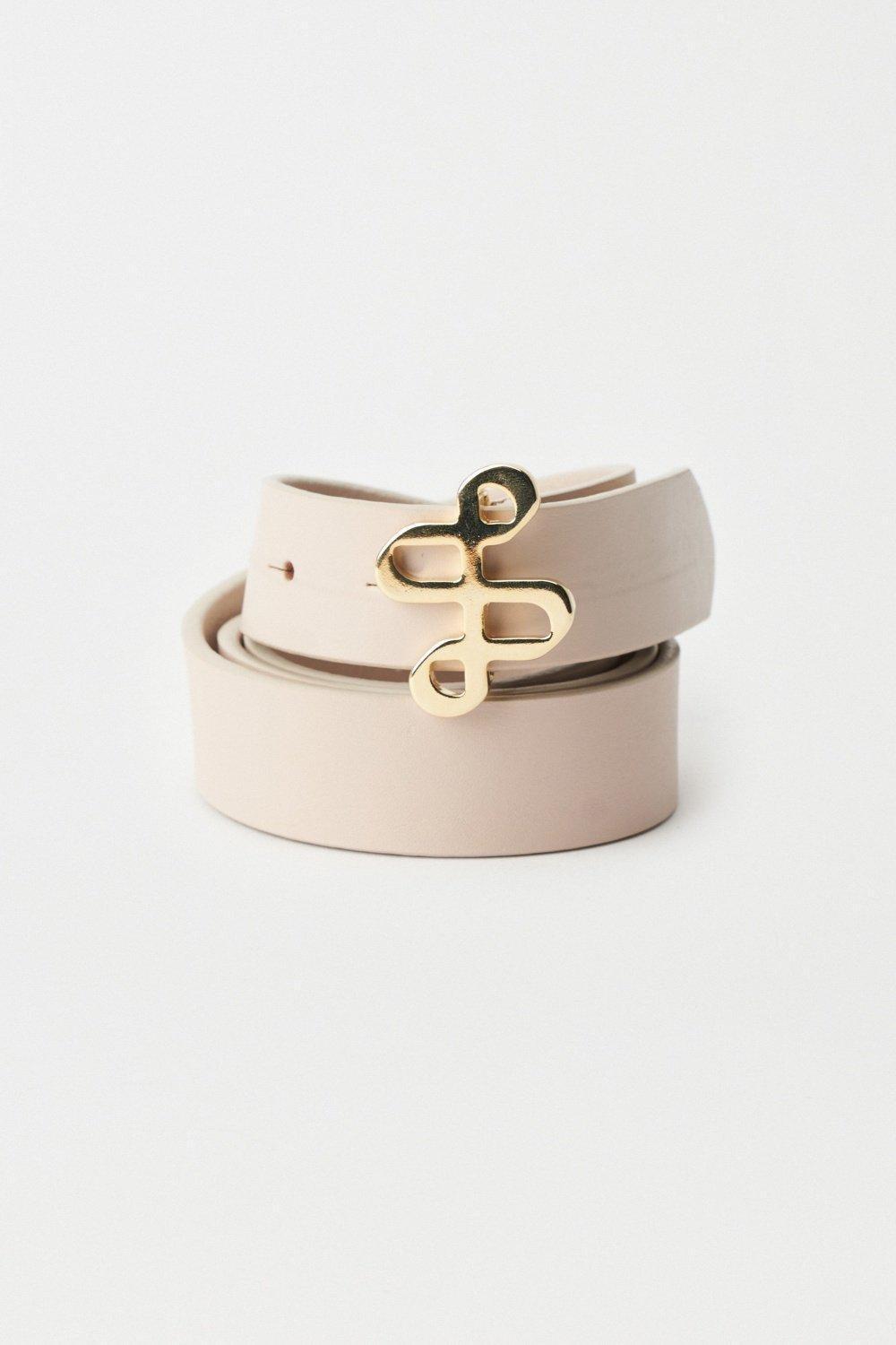 Leather Belt With Gold Branding On The Buckle, Pearl, medium