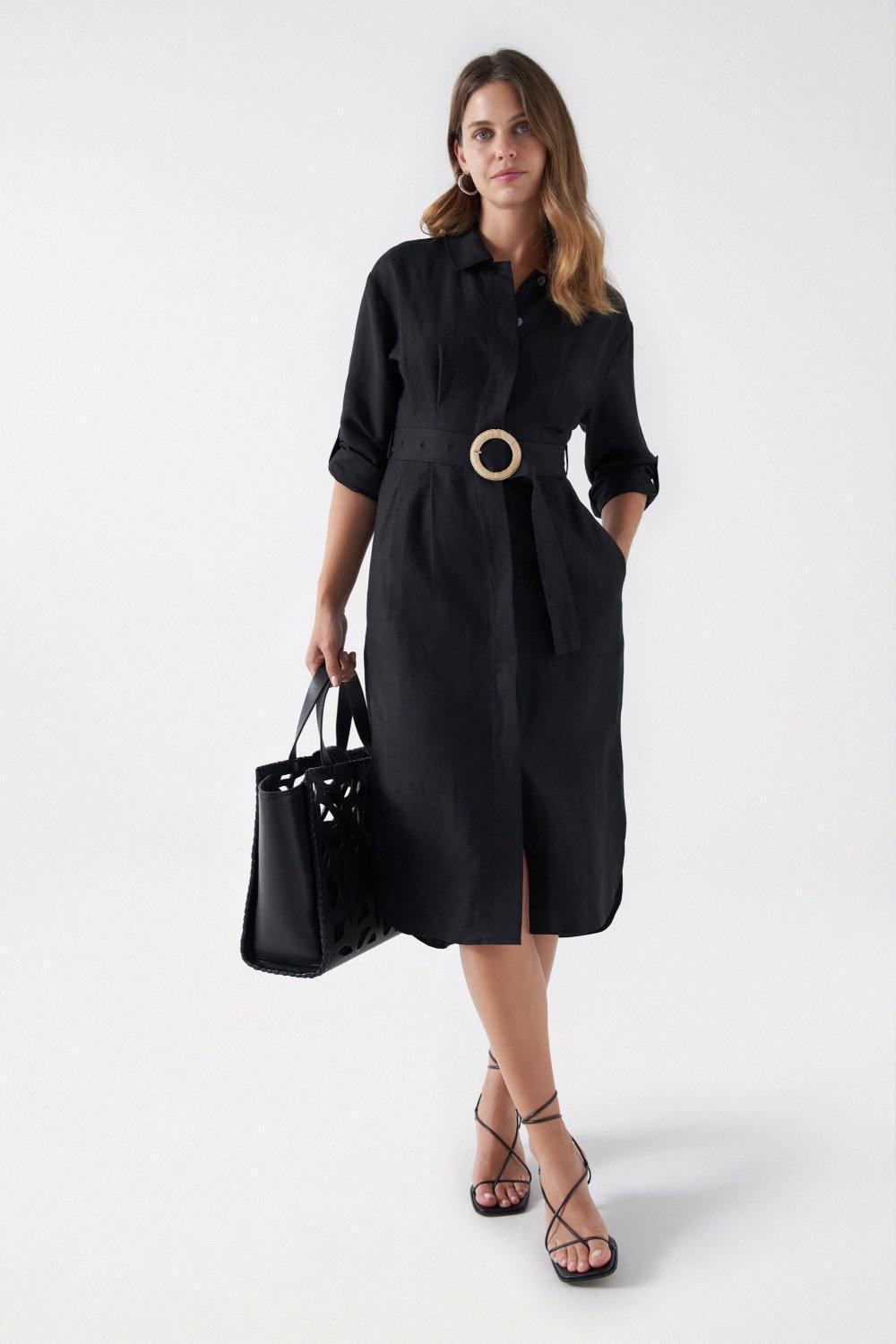 Black Linen Dress With Belt, , large image number 0
