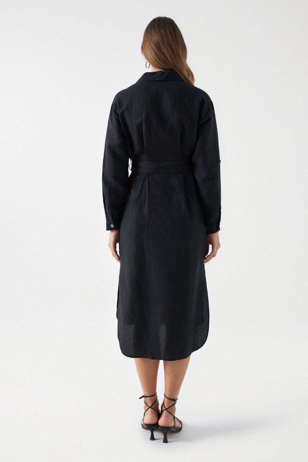 Black Linen Dress With Belt, , large image number 2