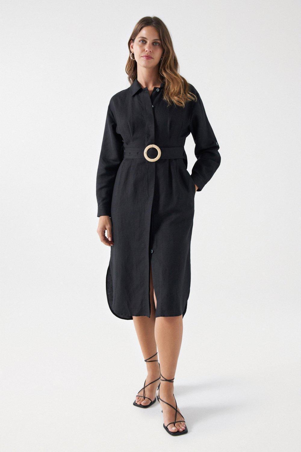Black Linen Dress With Belt, , large image number 3