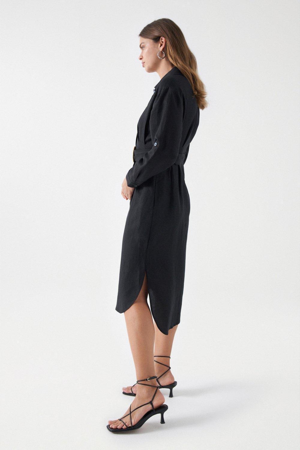 Black Linen Dress With Belt, , large image number 4