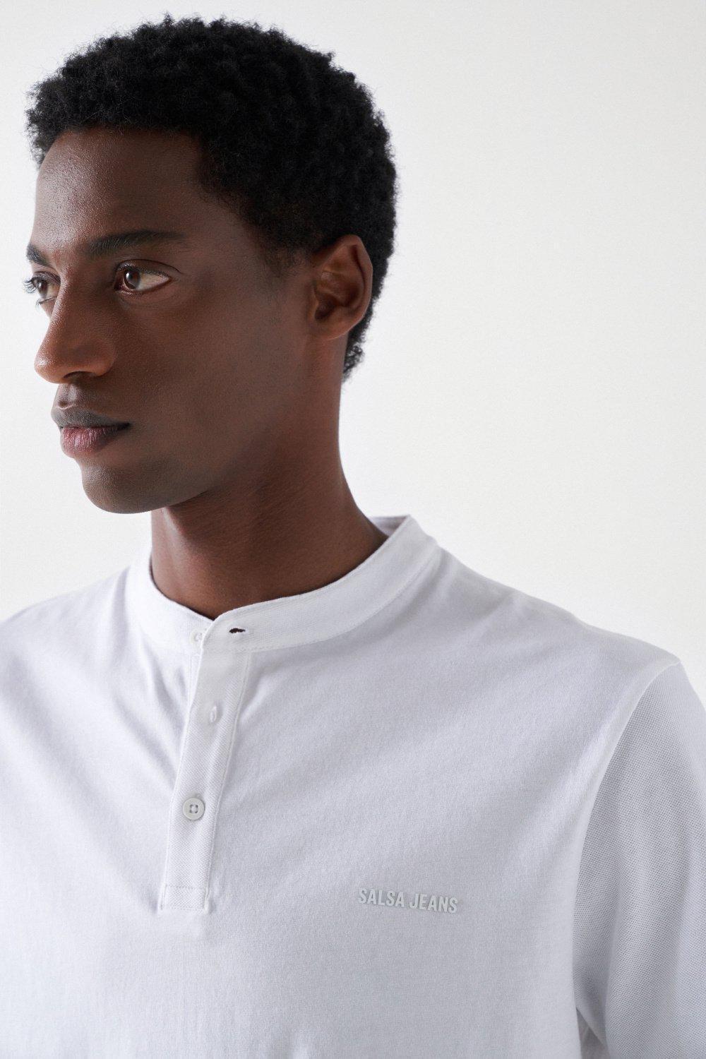 Mao Collar Polo Shirt, White, large image number 4