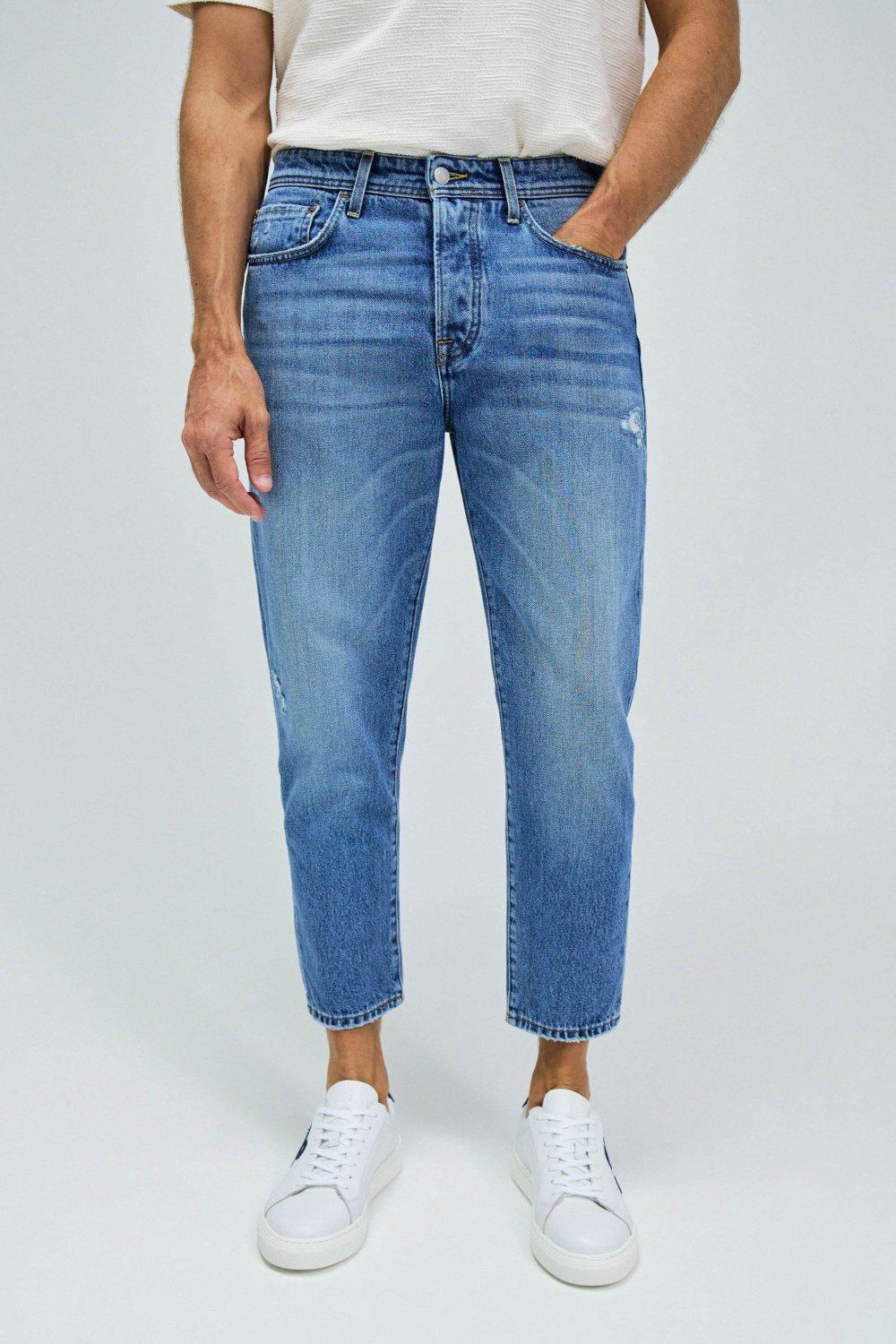 Tapered Cropped Jeans, Blue, large image number 0