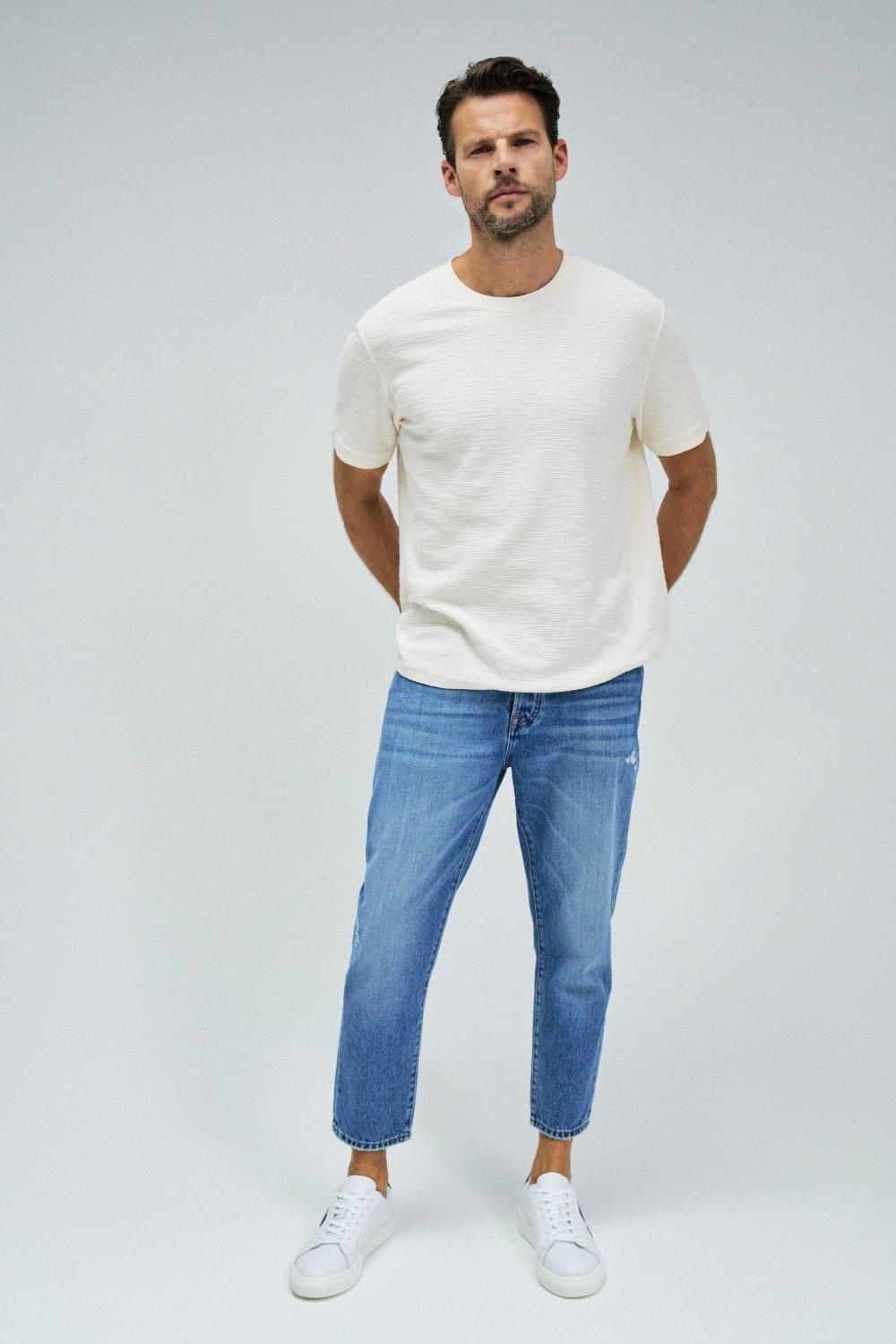 Tapered Cropped Jeans, Blue, large image number 1