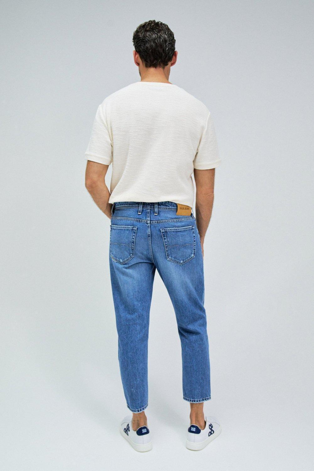 Tapered Cropped Jeans, Blue, large image number 3