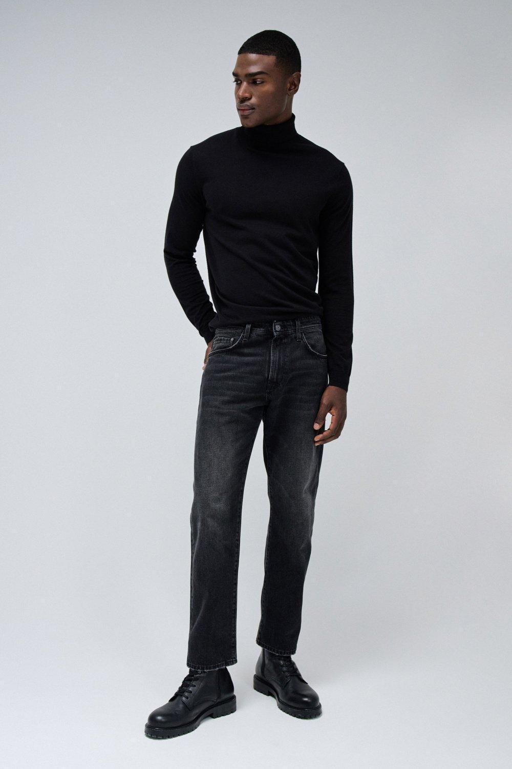 Plain Straight Leg Jeans, Black, large image number 1
