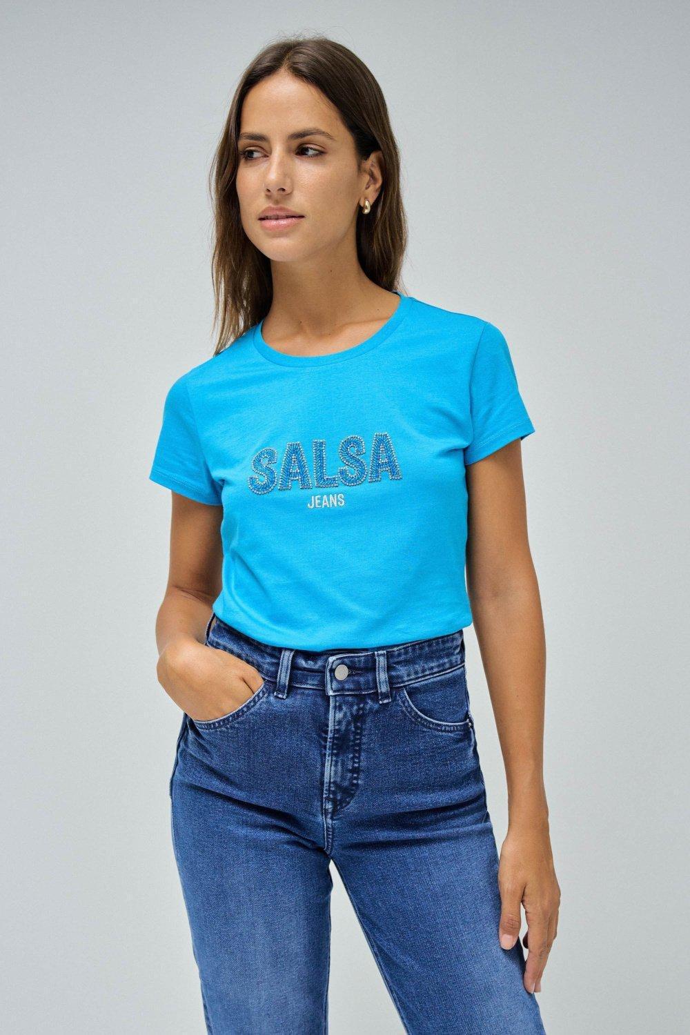 Blue Logo Print Cropped T-Shirt, , medium