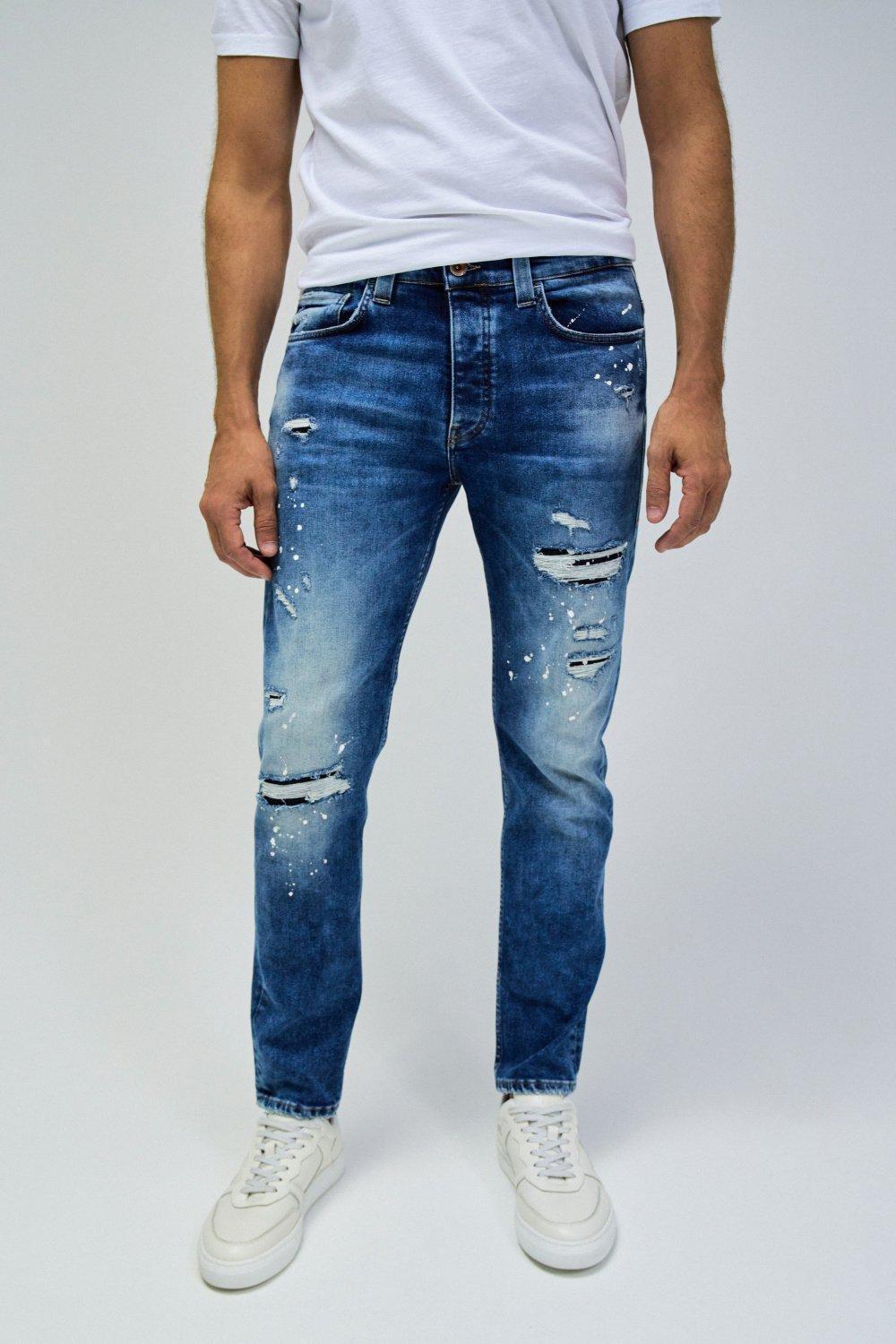Blue Textured Ripped Jeans, , medium