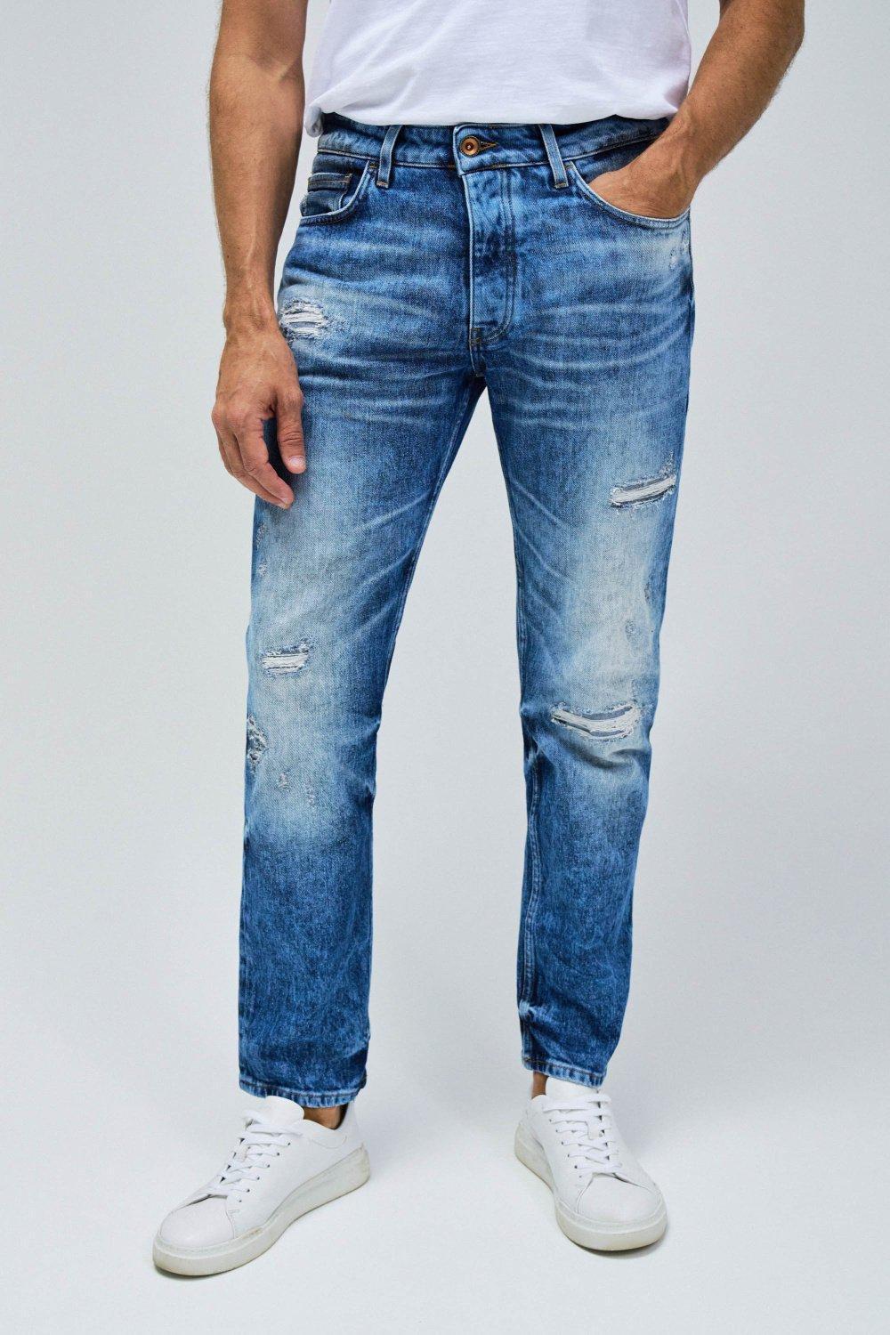 Blue Textured Ripped Jeans, , medium