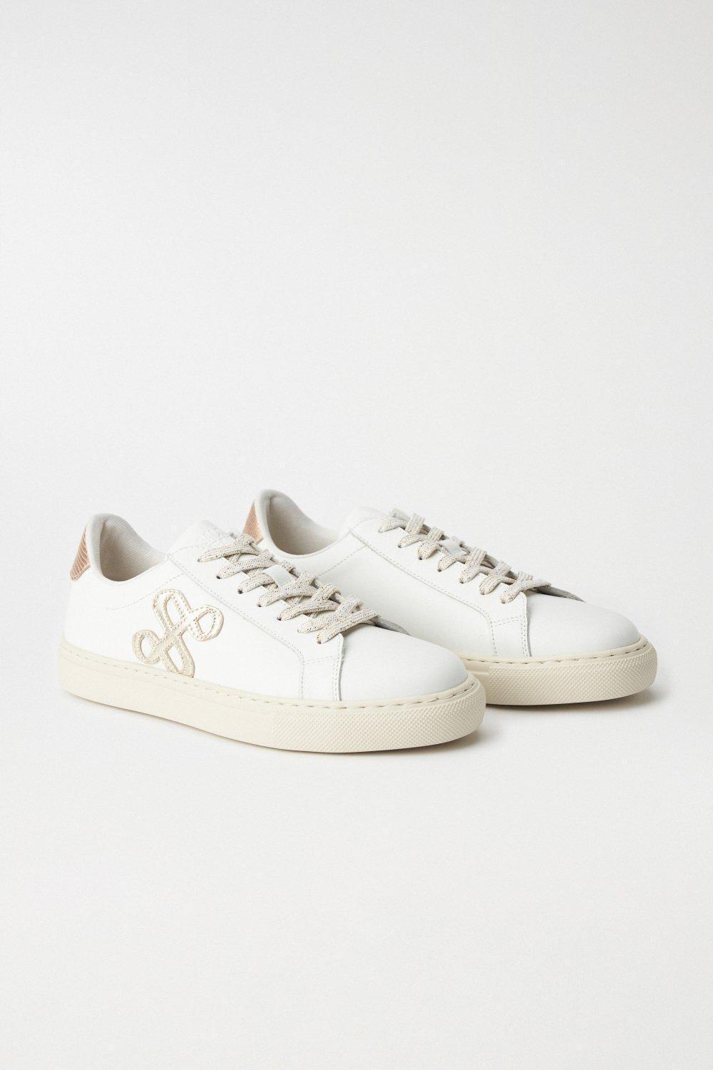 Round Toe Leather Trainers, Pearl, large image number 2