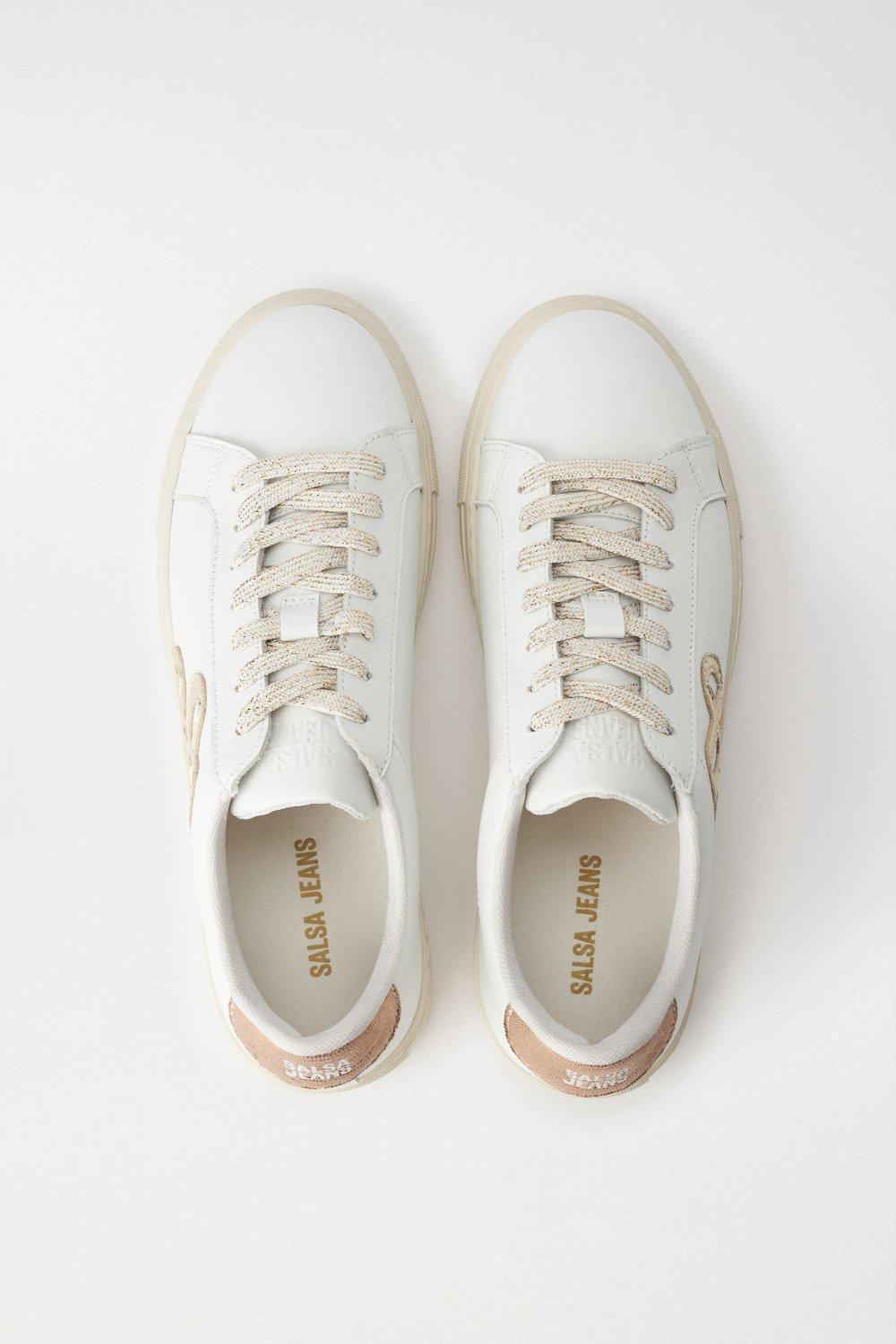 Round Toe Leather Trainers, Pearl, large image number 3