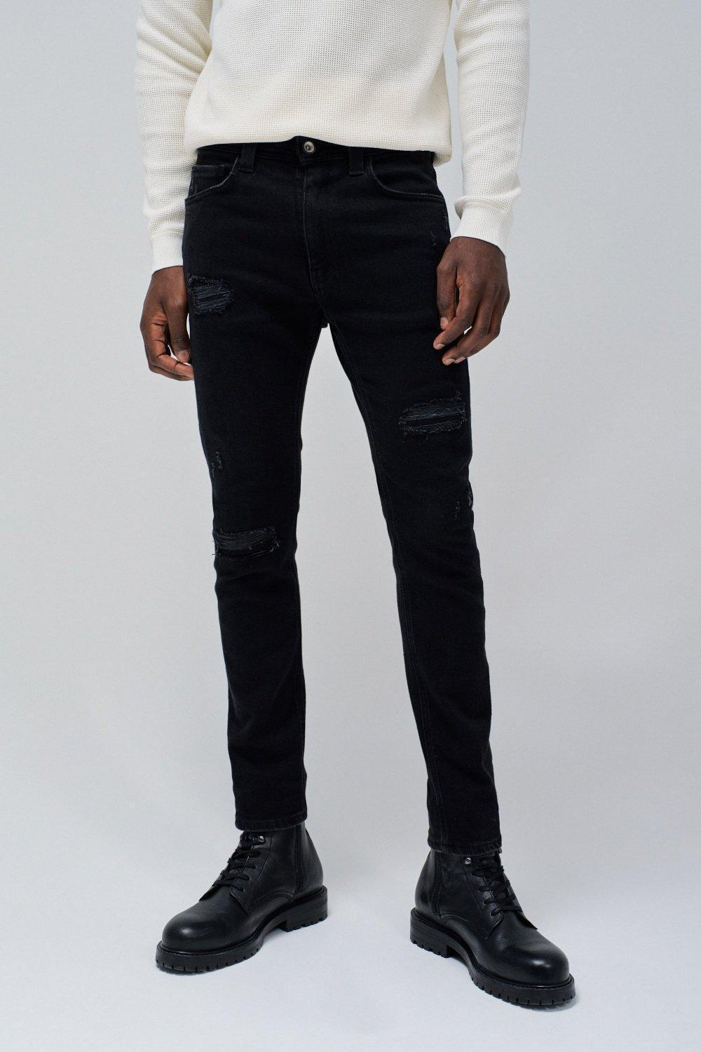 Black Solid Ripped Jeans, , medium