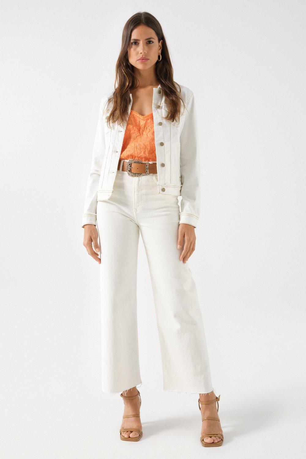 Frayed Details Denim Jacket, Pearl, large image number 1